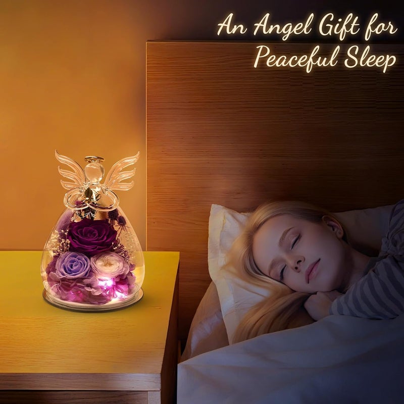 Bessol Gifts for Women, Valentines Day Decorations Flowers for Delivery Fresh Bouquet Forever Preserved Flowers Real Rose Angel Figurine Glass, Xmas Decor Gifts for Mom Grandma Wife Sister, Purple - Image 5